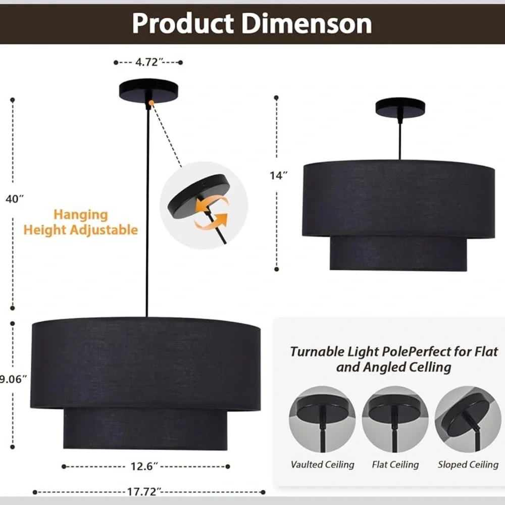 (NEW) 1 MINIMALIST Black Linen Light 18”x10” Modern Chandelier Fixture LIGHTING